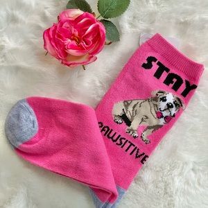 New with tags “STAY PAWSITIVE” SOCKS with words & Dog on both sides. Pink w/blk